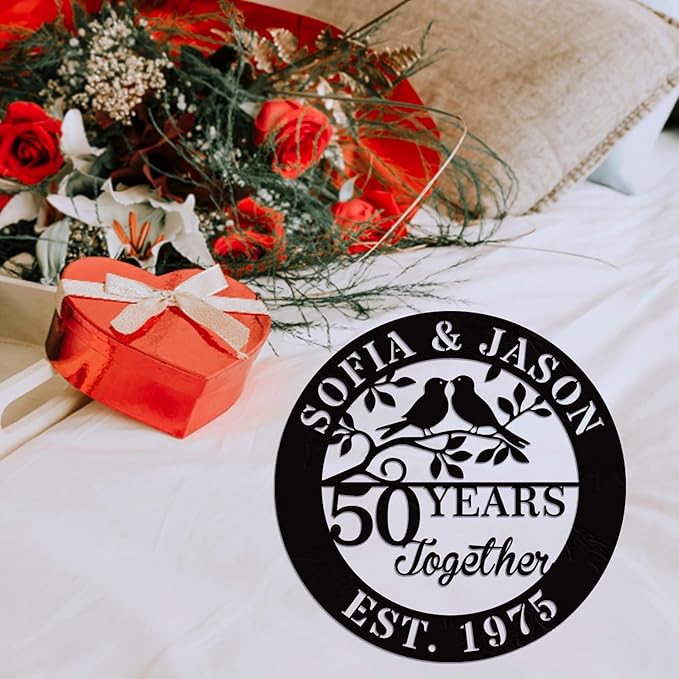 efcustomgifts Personalized 50th Anniversary Metal Signs for Couple, Wedding, Family Name Gifts, 8x10 or 11x14 inches, Black, Classic Style, Love Theme