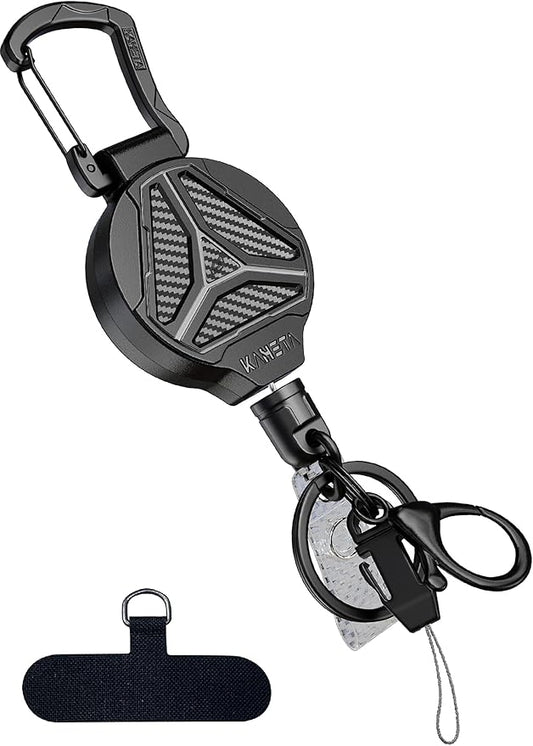 KAHETA Retractable Keychain Heavy Duty Carabiner Badge Holder Clip with Magnetic,Tactical Id Badge Reel with 32'' Steel Retractable Cord,Key Ring,Lobster Claw Clasp and Phone Tethers
