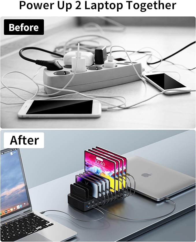 415W Charging Station for Multiple Devices, 10-Port USB C Fast Charger Station, Dual PD 100W Charging Dock with Adjustable Dividers & 6 Cables-Device Organizer for Laptop MacBook, iPhone, iPad