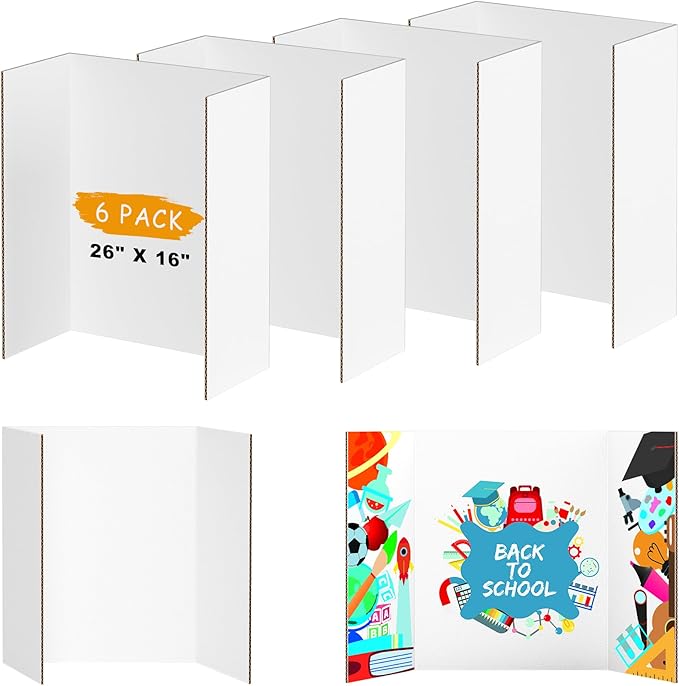 AKONEGE 6 Pack Medium Trifold Poster Board, 26" x 16" White Corrugated Cardboard Tri Fold Poster Boards for Presentation, School Projects, Science Fair, Photo Display Exhibitions Event