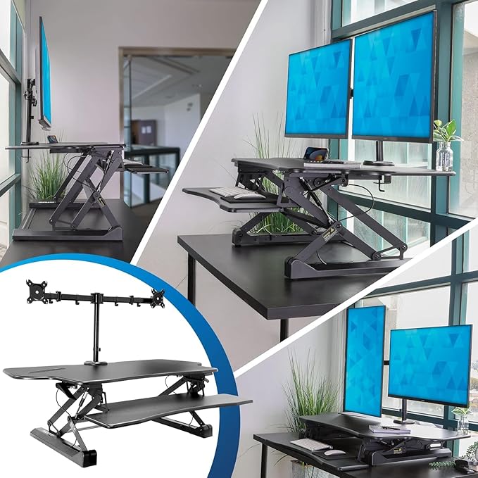 Mount-It! Standing Desk Converter Height Adjustable 47" Extra Large Wide Stand Up Desk Riser, Dual Monitor Arm Mounts, Stand Up Desk Convertor with Keyboard Tray, Fits Two Monitors up to 32"