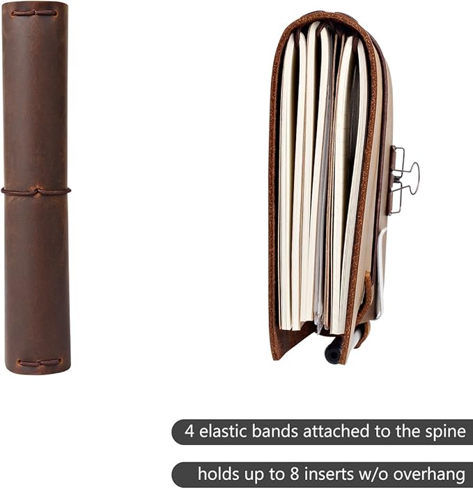 newestor Refillable Leather Journal Travelers Notebook - 8.5 x 4.5 Travel Diary with 5 Inserts + Pen Holder and Binder Clip, Standard Size, Brown