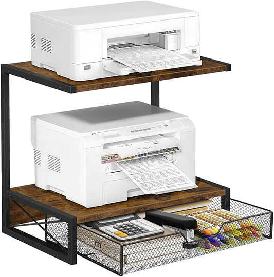 ELITEROO 2-Tier Desktop Printer Stand with Storage Drawer, Wooden Printer Stand for Desk, Small Printer Table with Shelf for Home Office, Fits Fax Machine, Scanner, 3D Printer, Rustic Brown