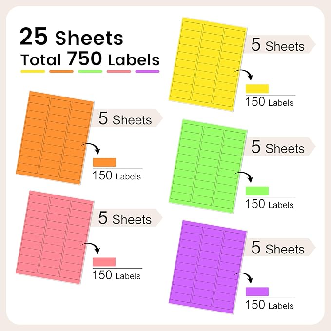 THEBLUETOUCH 1" x 2-5/8" Neon Labels – 750 pcs Printable Labels Stickers (30 per Sheet, 25 Sheets), 5 Assorted Bright Colored Stickers for Inkjet/Laser Printing