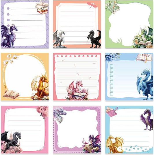 Lovarywow Dragon Sticky Notes Gifts, 9 Pack Cute Dragon Notepads 3x3 Inch Gifts for Students Coworkers, Funny Self-Stick Memo Pad Office School Supplies for Men Women (450 Sheets)