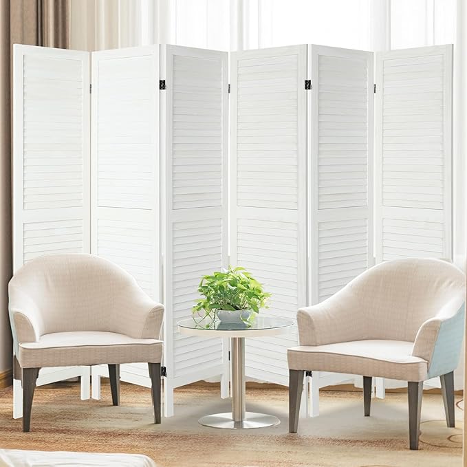 6 Panel Room Dividers and Folding Privacy Screens, Divider for Room Separation, Wood Louvered Divider Wall, Wooden Partition for Home Office Bedroom (White-Washed)