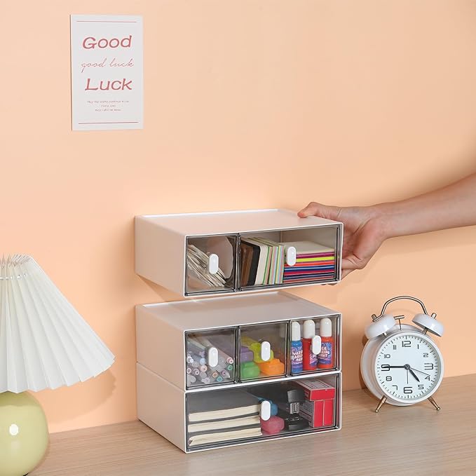 OSteed Desktop Drawers, Desk Organizer with 2 Drawers & Upright Handles, Stackable Plastic Storage Box for Home Collection, Cosmetics, Office Supplies (Tall Layer, White & Clear)
