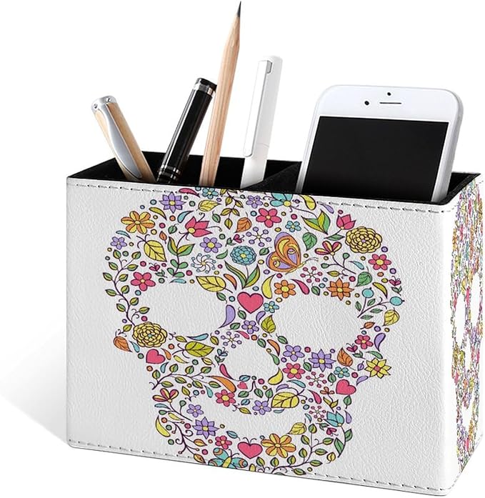 Famame Abstract Floral Leaves Skull Pencil Holder for Desk, Leather Desktop Container Pen Cup Storage Study Table Pen Organizer Makeup Brush Holder for Classroom Office Home
