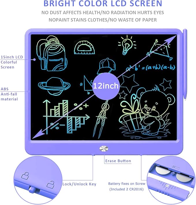 FLUESTON LCD Writing Tablet, Doodle Board Toys Gifts for 3-8 Year Old Girls Boys, 12 Inch Colorful Electronic Board Drawing Pad for Kids, Christmas Gifts for Toddler Educational Learning Travel,Purple