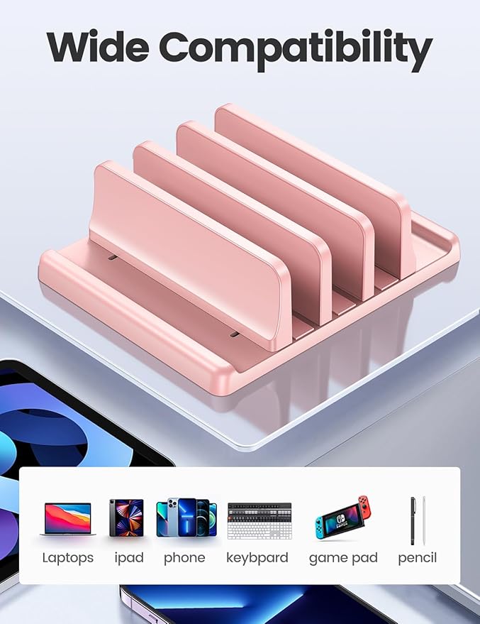 Vaydeer 3-Slot Vertical Laptop Stand Made of Premium ABS Plastics 5 in 1 Design Space-Saving Adjustable Desk Organizer for All MacBook/Chromebook/Surface (Pink)
