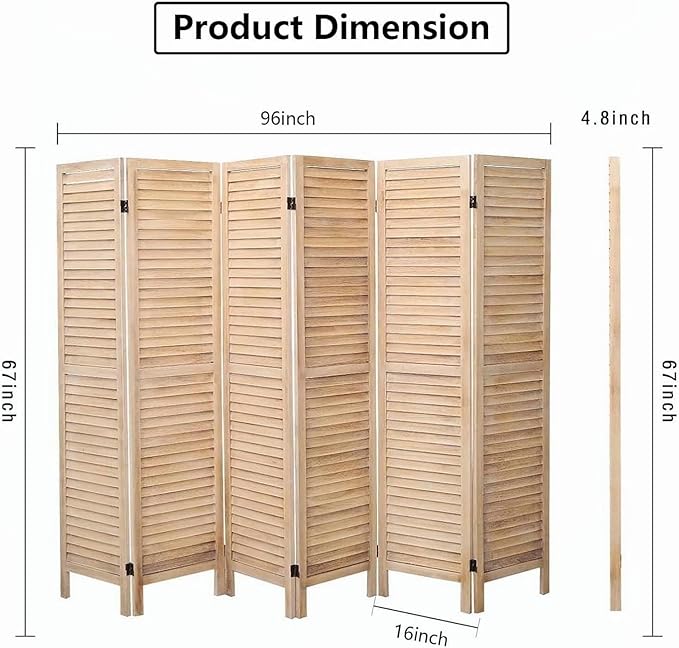6 Panel Room Dividers and Folding Privacy Screens, Divider for Room Separation, Wood Louvered Divider Wall, Wooden Partition for Home Office Bedroom (Natural)