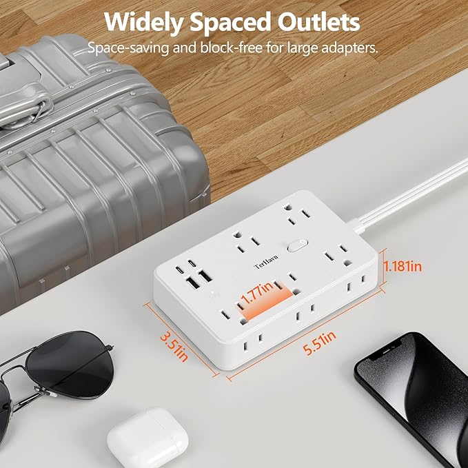 Surge Protector Power Strip-TerHavn 15 FT Flat Extension Cord ，10 AC Outlets & 4 USB Ports(3.4A 17W), 1080J ，Wall Mountable Desktop Charging Station with Flat Plug for Office Supplies and Home, White