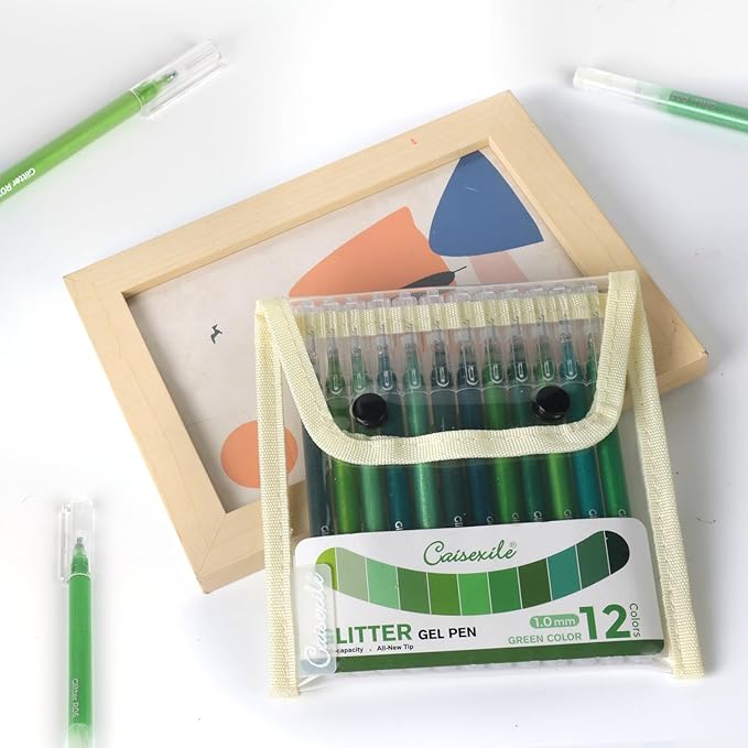 CAISEXILE 12 Green Glitter Gel Pens Set, 1.0 mm Fine Point for Black Paper & White Paper, Large Capacity Pens for Journaling, Adult Coloring Books, Drawing, Note Taking, Highlighting