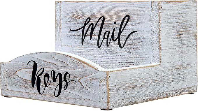 MyGift Shabby Whitewashed Solid Wood Mail Holder and Key Organizer Entryway Storage Tray with Cursive Mail and Keys Word Design, Office Desktop Organizing Bin