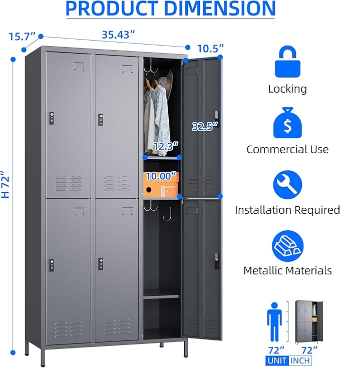 SUPEER Metal Locker for Employees with Combination Locks,Metal Lockers with Business Card Holder and 18 Hooks for School Garage Office Gym Home,Assembly Required,Dark Grey