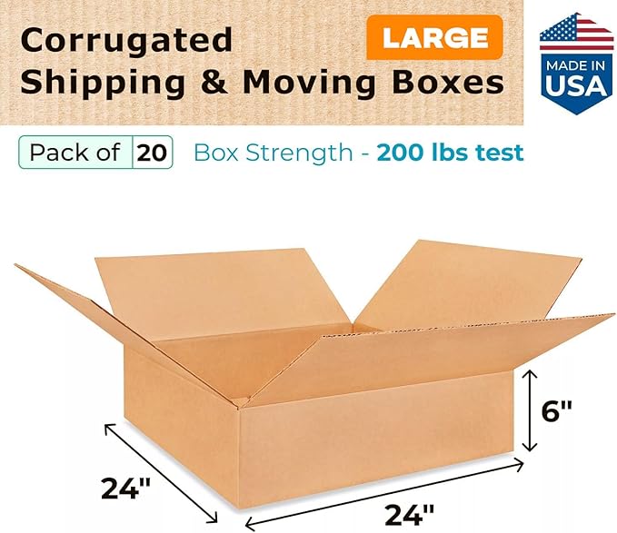 Large Shipping & Moving Boxes 24"L x 24"W x 6"H (20-Pack) - Extra Strength 200 lb vs Regular - Corrugated Large Shipping Boxes for UPS, FEDEX - Cardboard Packing Box by IDL Packaging