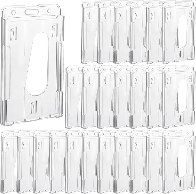 25 Pack Vertical 2-Card Badge Holder, Heavy Duty Hard Plastic ID Card Holder with Thumb Slot, Clear PC Protector Sleeve for Office, School, Credit Cards & Driver's Licenses