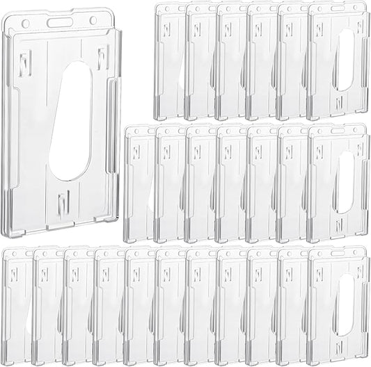 25 Pack Vertical 2-Card Badge Holder, Heavy Duty Hard Plastic ID Card Holder with Thumb Slot, Clear PC Protector Sleeve for Office, School, Credit Cards & Driver's Licenses