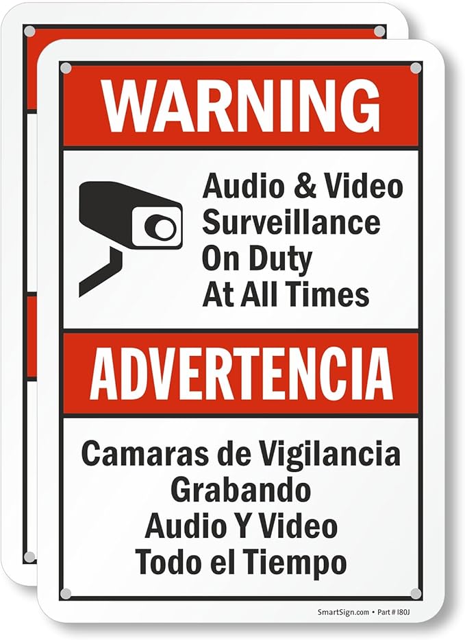 SmartSign 2-Pack 'Warning Audio And Video Surveillance On Duty At All Times' Bilingual Sign - 7" x 10", 40 mil Laminated Rustproof Aluminum Metal, Red, Black and White, Fade-Resistant, Made in USA