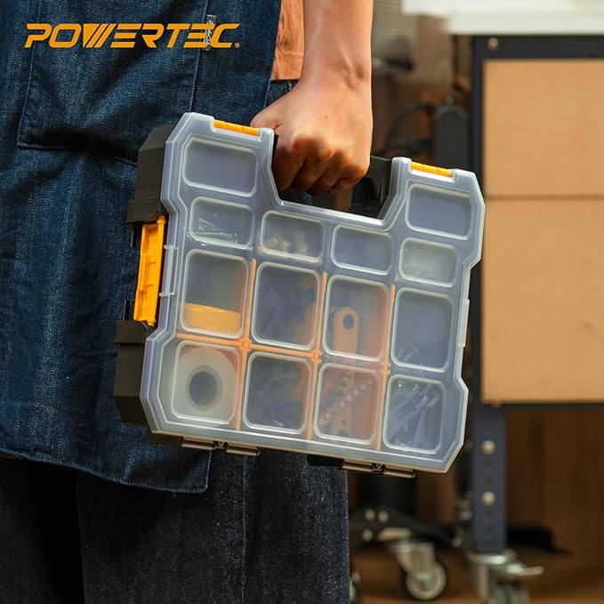 POWERTEC Small Parts Organizer & Tool Box – 14 Compartments, Stackable Storage with Interlocking Latch, Removable Dividers, Clear Lid, Portable Design, 2-Pack (72364-P2)