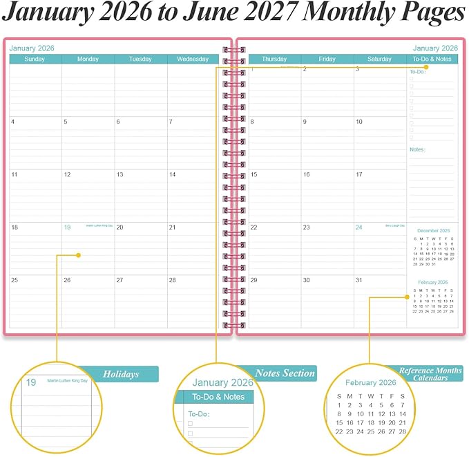 2026-2027 Planner - 18 Months Weekly & Monthly Planner from January 2026 - June 2027, Academic Planners 2026-2027 with Elastic Closure, Inner Pocket, 8.5" x 11", Pink