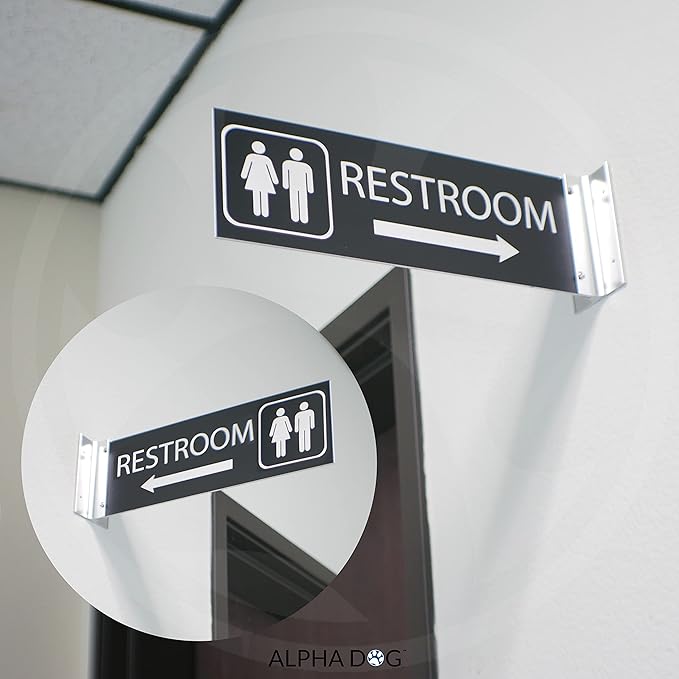 ALPHA DOG SIGNS Corridor Projecting Hallway Bathroom Sign, Left Arrow, 4"x12" Double Sided, Indoor/Outdoor, Easy Install, Durable Business Wayfinding Plaque, USA-Made (Black)