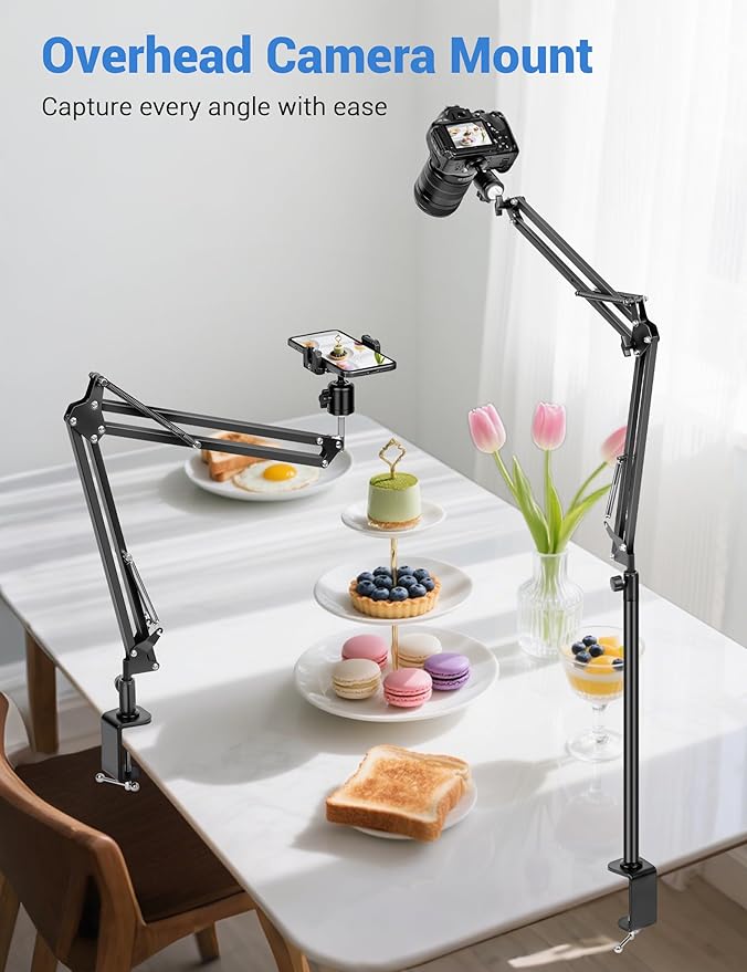 Evekea Overhead Camera Mount, Desk Camera Mount with 360° Adjustable Arm and Phone Holder for DSLR Cameras/iPhone/Webcam/Ring Light, Desk Phone Stand for Video Recording,Zoom Meeting,YouTube,TikTok