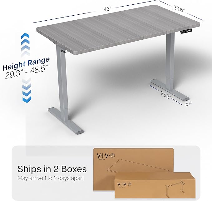 VIVO Electric 43 x 24 in Standing Desk, Memory Height Adjustment, 1B Series, Holds 220 lbs, One-Piece Dark Gray Top, Gray Frame, DESK-KIT-1G4G