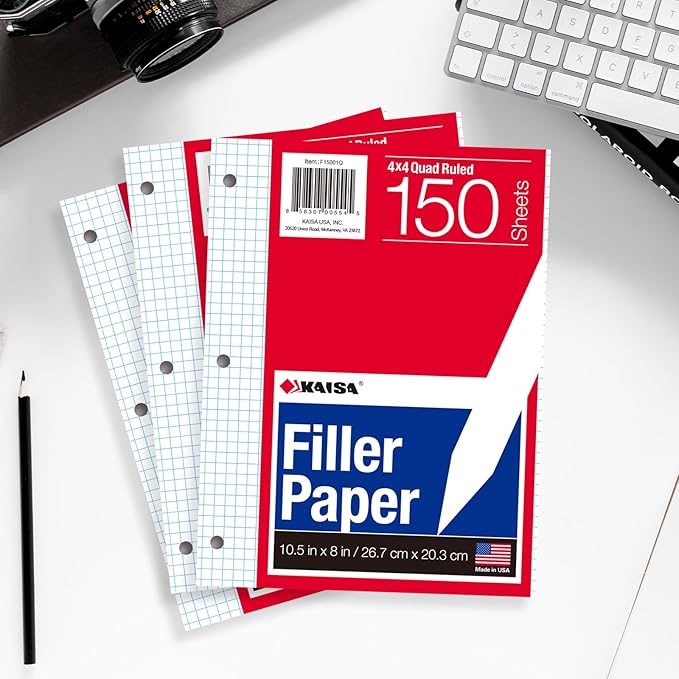 KAISA Graph Paper Filler Paper, 8"x10.5" 4x4 Graph/Quad Rule Filler Paper 3-Hole Punched 1/4inch Grid Paper Loose-Leaf Paper for 3-Ring Binders,150sheet/pack, 3pack F15001Q