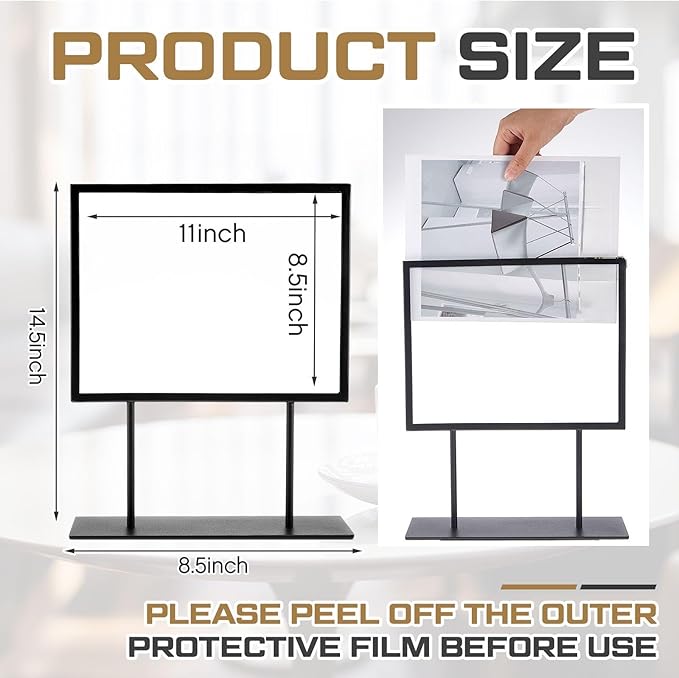 Zhengmy 1 Pcs Tabletop Sign Holder with Flat Base 11" x 8.5" Double Sided Countertop Sign Holder Horizontal Desktop Display Stand Metal Poster Display Stand for Office Store Restaurant Hotels, Black