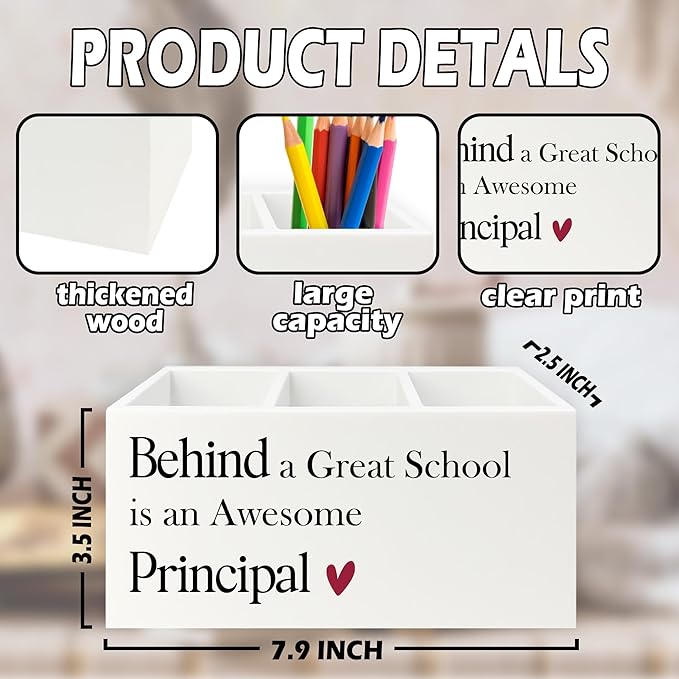 XPH Principal Gifts Pen Pencil Holder Organizer for Desk, Gifts for Principals Women Men, Behind a Great School Is an Awesome Principal Wooden Box Sign for Office Workplace Desk Tabletop Decorations