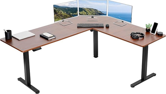 VIVO Electric Corner 75 x 63 inch L-Shaped Standing Desk, Memory Height Adjustment, Dark Walnut Top Black Frame, DESK-E3CTD-75