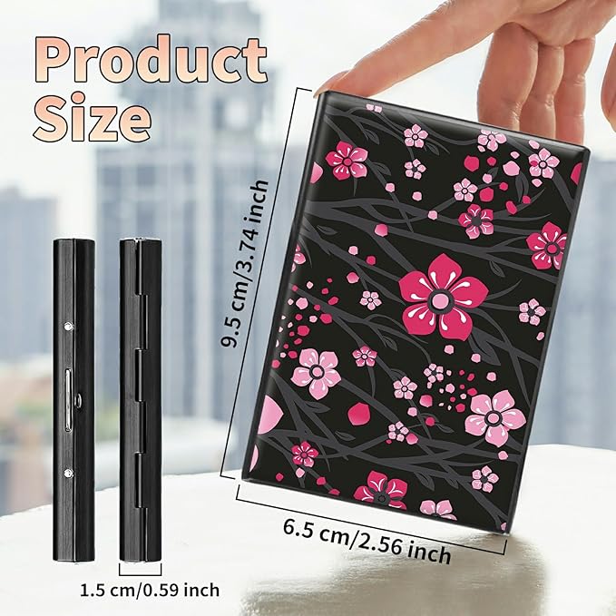 BWEGRHE Slim Credit Card Holder, Pink Cherry Blossom RFID Blocking Metal Wallet for Men & Women, Aluminum Minimalist Hard Case Pocket-Sized Business Cards Organizer (Fits Up to 10 Cards)