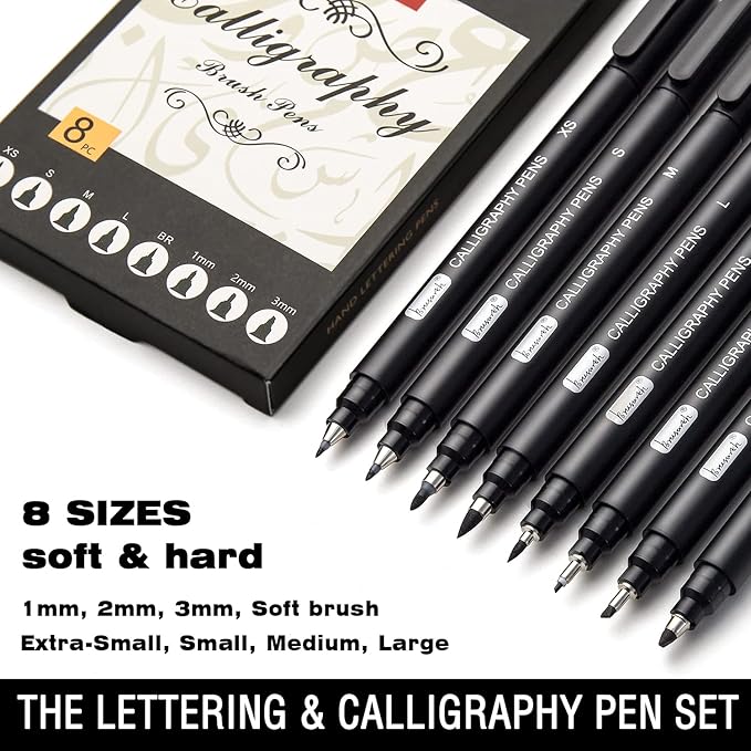 Brusarth Calligraphy Pens,8 Size Calligraphy Pens for Writing,Brush Pens Calligraphy Set for Beginners, Hand Lettering Pens
