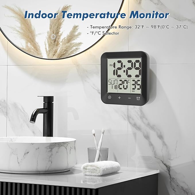 Wisoee Waterproof Shower Clock Timer, Bathroom Clock with Countdown, Touch Screen, Indoor Temperature, Suction Cup, LCD Digital Wall Clock for Bath, Kitchen
