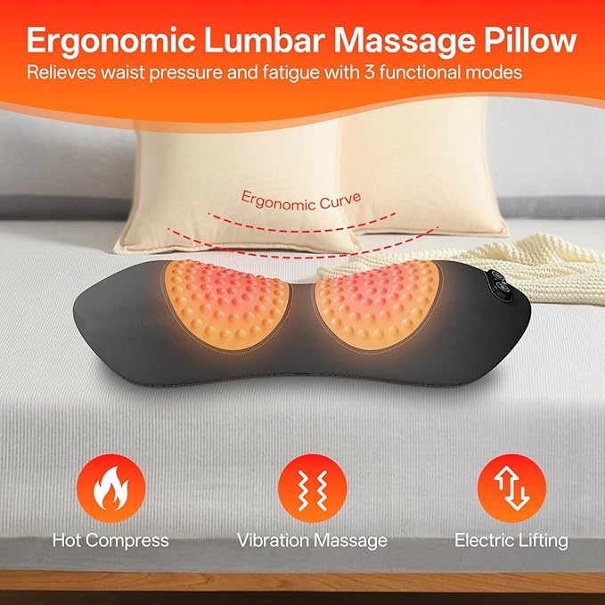 SUDAHIA 3-in-1 Electric Lumbar Support Pillow for Bed and Chair, Triple Fusion Back Massager with Heated, Vibration and Traction for Lower Back Pain Relief and Spine Support