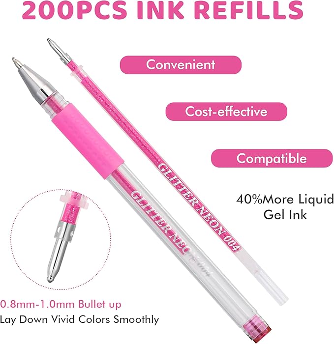 200 Colors Gel Pen Refills, Glitter Neon Gel Ink Pens Refills,Replace Cartridges for Gel Pens Set,9 Color Type for Adult Coloring Books Drawing Doodling Crafts Scrapbooking Journaling,No Repeats