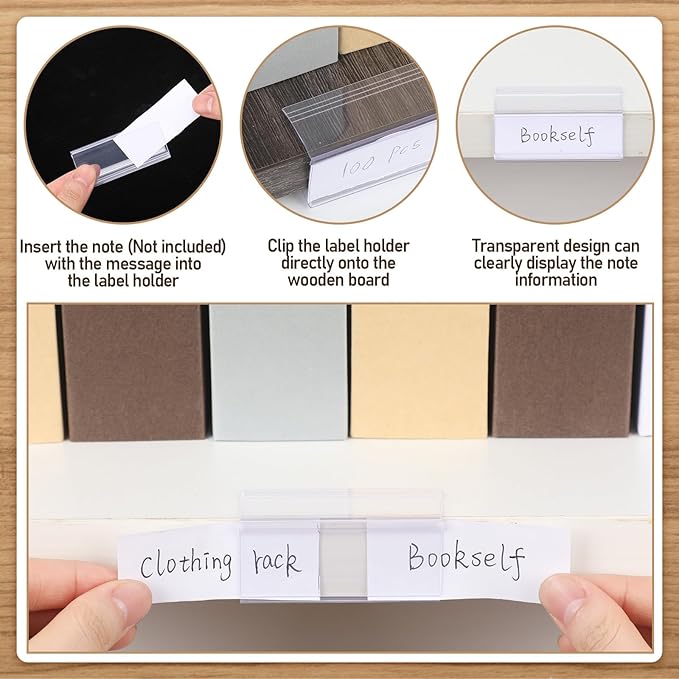 Weysat 250 Pcs Wood Shelf Label Holders Clear Plastic Price Tag 2.4 in L x 1 in H for Bookshelf Shelves, Wood Shelf Sign and Ticket Holder, Clips On to Shelves 3/4" to 1" Thick