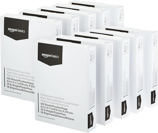 Amazon Basics Multipurpose Copy Printer Paper, 8.5 x 11 Inches, 20 lb, 10 Ream, (5,000 Sheets), 96 Bright, White