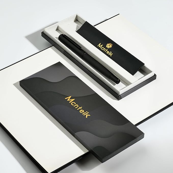 MCNTEIK Matte Black Fountain Pen, Exquisite Vertical Grooving Design, Ink Converter, 18K Gilded Nib (Extra Fine), Fancy Gift Set for Men & Women, Office, Smooth Writing Calligraphy Pens