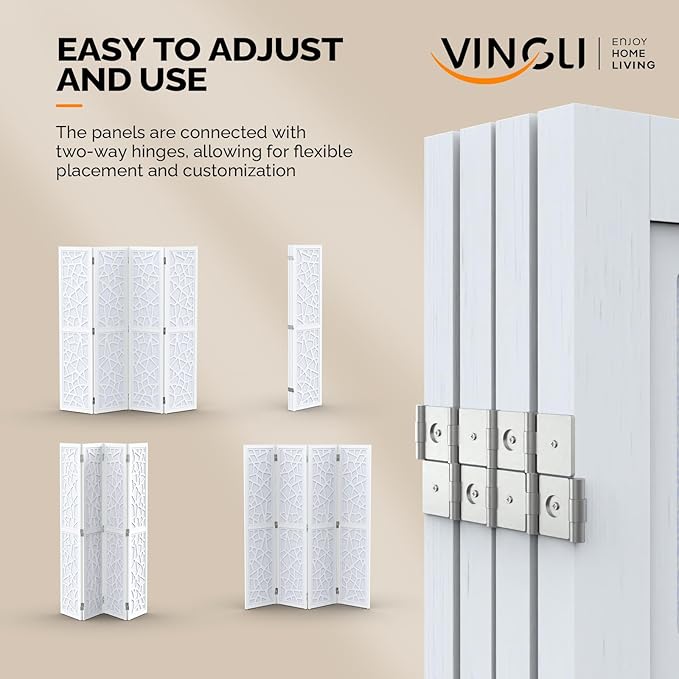 VINGLI 70'' H Room Divider, Non-Woven Fabric Privacy Screen, Indoor Partition Wall Dividers, Freestanding Hinged Space Separator with Modern Unique Pattern (White, 4 Panel)