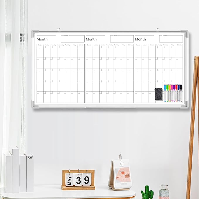 Lincia 36" x 18" Magnetic Horizontal 3 Month Dry Erase Calendar for Wall Undated Dry Erase Wall Calendar Planner Aluminum Frame Whiteboard Calendar for Home Office Projects Wall Fridge