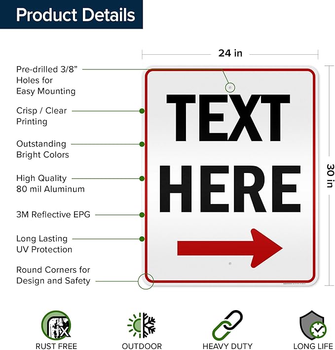 Custom Arrow,Custom Directional Sign, Right Arrow, 24x30 Inches, 3M EGP Reflective, Rust Free .080 Aluminum, Fade Resistant, Made in USA by My Sign Center