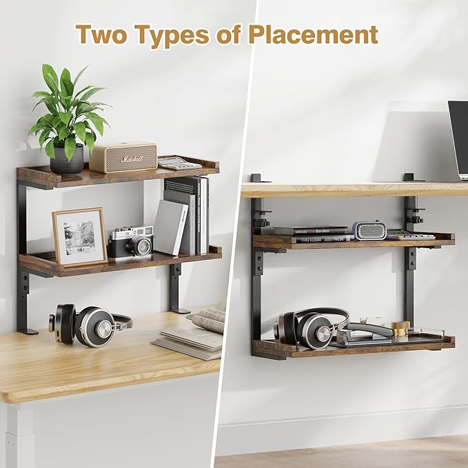 ART-GIFTREE Clamp On Desk Shelf 2-Tier, 16.5 in Wood Shelving Unit for Office Desk/Gaming Accessories, Tabletop Book Storage Rack, Shelf for Top of Desk, Brown