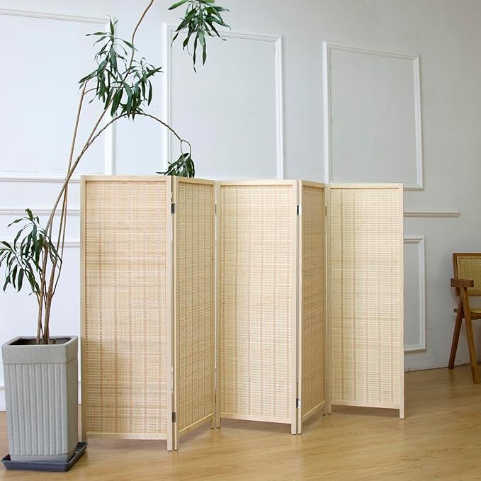 Furnnylane 5 Panel Short Room Divider Screen,Beige Freestanding Partition,Small Bamboo Panel Divider for Room Seperation,3.95 FT Tall