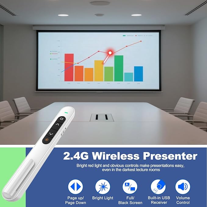 QUI Presentation Clicker for PowerPoint, RF 2.4GHz USB C Wireless Presenter Remote with Volume Control, PowerPoint Clicker Slide Advancer for Mac, Windows, Laptop, Keynote