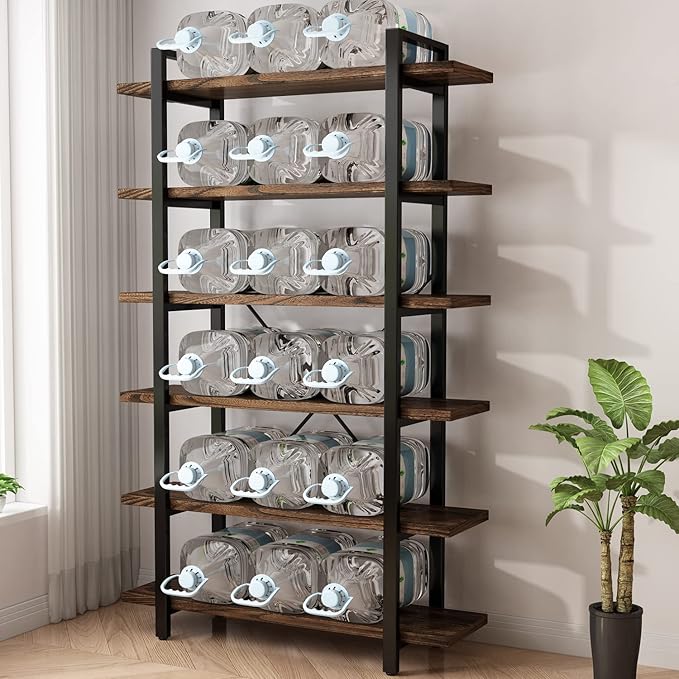 AY-AOYUAN Solid Wood Bookcase and Book Shelves Wood and Metal Shelving Unit 6 Tier Bookshelf Modern Rustic Open Bookshelf Office,Distressed Brown (AY-02-6Tier)