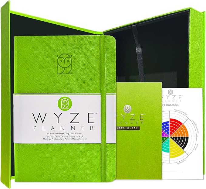 Wyze Planner Undated Daily Planner – 1-Year B5 Productivity Organizer with Two-Page Weekly Spread, Goal Setting, Habit Tracker, Weekly & Monthly Pages – Hardcover Time Management Notebook (Lime Green)