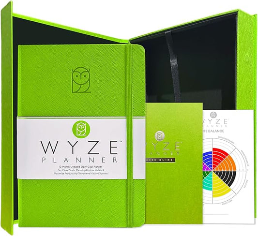 Wyze Planner Undated Daily Planner – 1-Year B5 Productivity Organizer with Two-Page Weekly Spread, Goal Setting, Habit Tracker, Weekly & Monthly Pages – Hardcover Time Management Notebook (Lime Green)