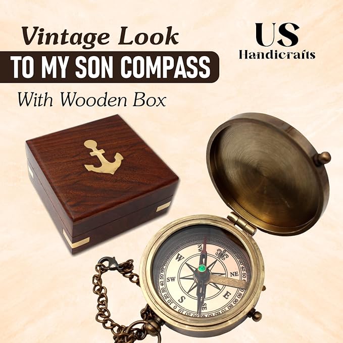 US HANDICRAFTS Brass Compass with Wooden Case | Engraved Compass from Mom to Son | Graduation Gift, Birthday, Inspirational Travel Keepsake
